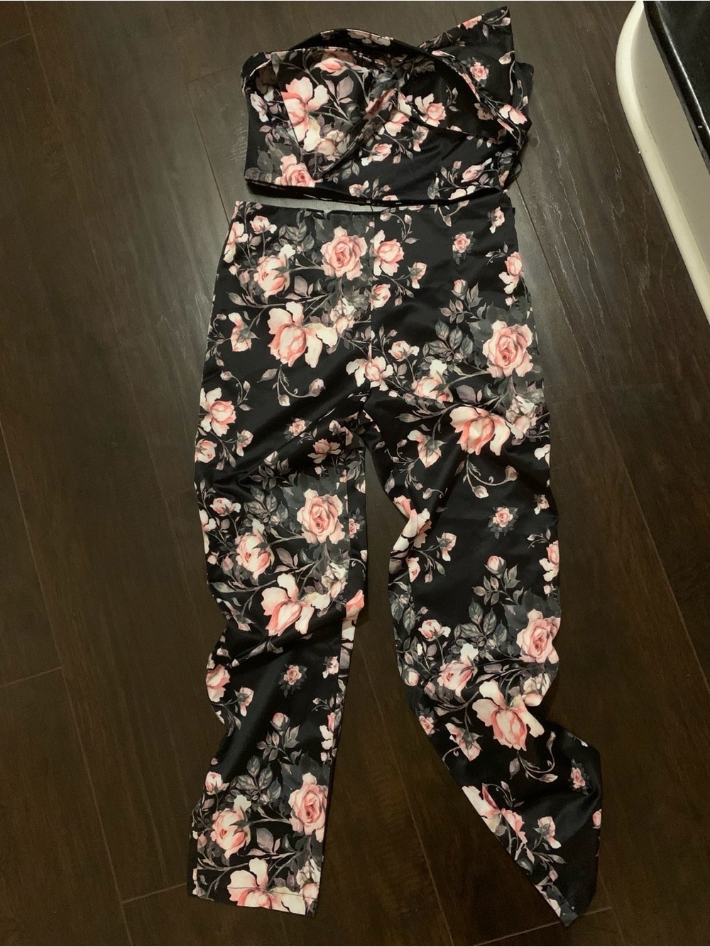 Floral Strapless Set in Black with Pink Roses